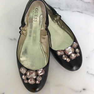 GUESS Black Patent Flats with Rhinestone Details